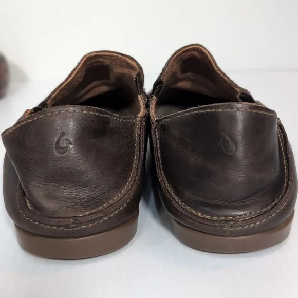 OluKai Dark Brown Leather Slip-On Loafers Size 8 Contract Stitching Drop Back - Picture 6 of 11